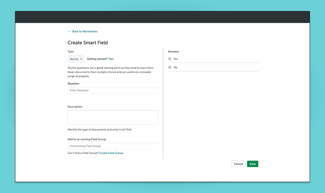 Screen for creating an answer ML model