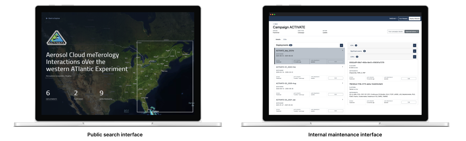 two screens, the left is public facing the right is for admins