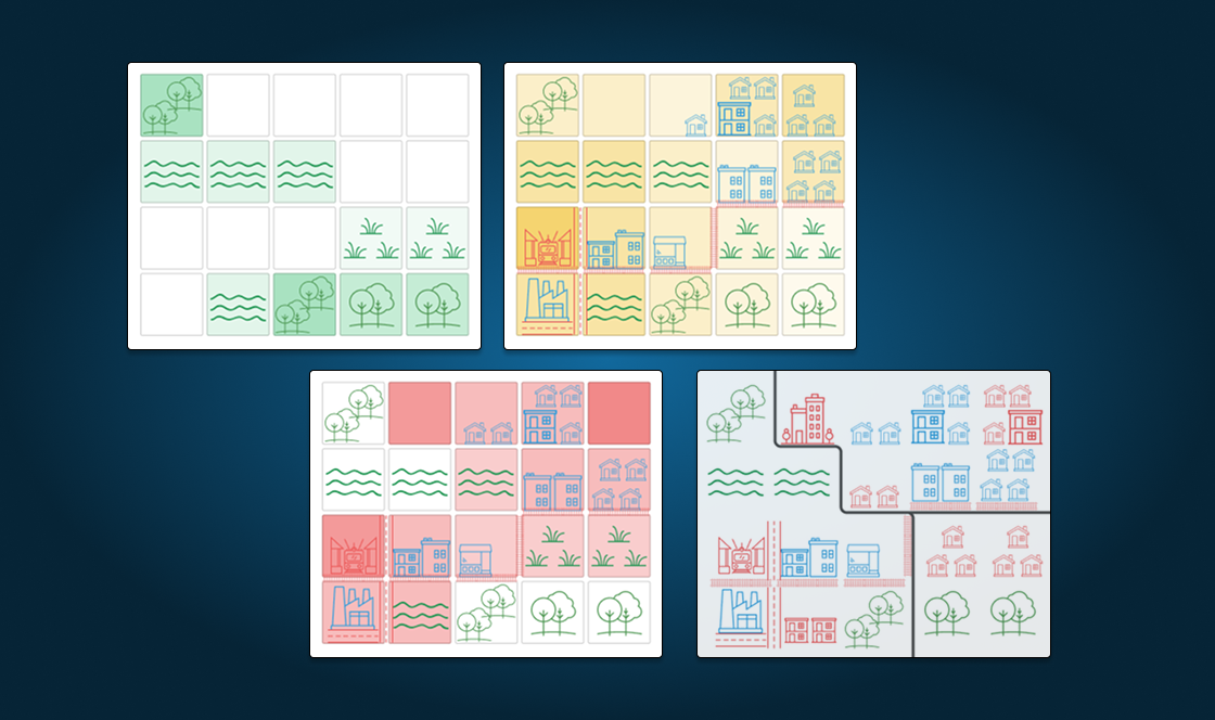 four square images of grids in different colors